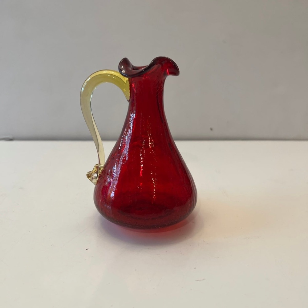 Hand Blown Art Red Crackle Glass Pitcher w/Applied Yellow Handle